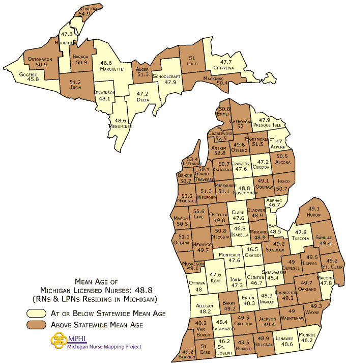 nurses mean age map